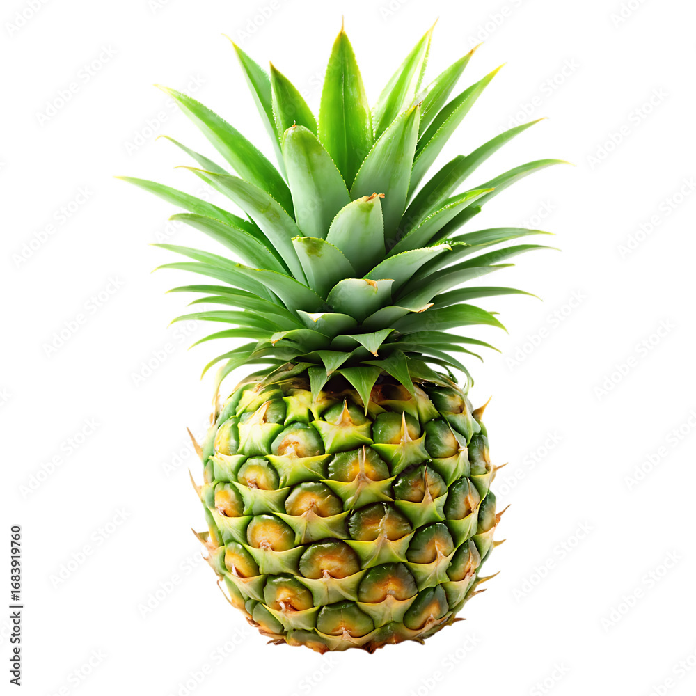 Fototapeta premium A ripe pineapple with a vibrant green leafy crown centered against a dark background isolated on a transparent background