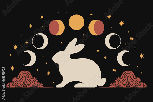Rabbit silhouette with moon phases and stars on a dark background illustration