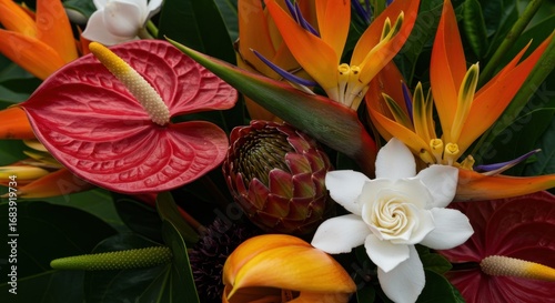 Vibrant Tropical Flower Arrangement with Red Anthurium and Bird of Paradise