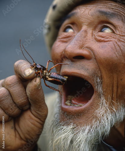 An Asian man is about to taste an insect, demonstrating a unique cultural culinary experience.
