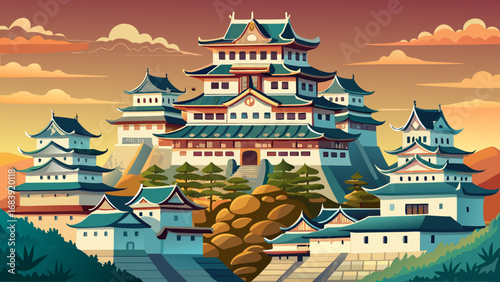 Himeji Castle in Japan dazzles with white walls, curved rooftops, and graceful towers, representing feudal elegance, defensive strength, and refined aesthetics of traditional Japanese architecture.