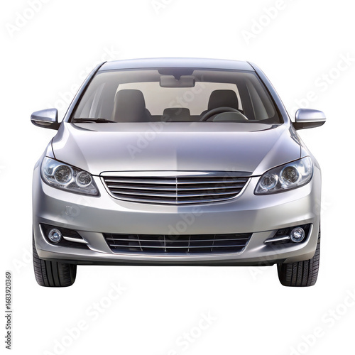 Modern silver sedan front view clean professional automotive photography transparent background