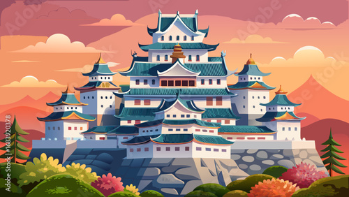Himeji Castle in Japan dazzles with white walls, curved rooftops, and graceful towers, representing feudal elegance, defensive strength, and refined aesthetics of traditional Japanese architecture.