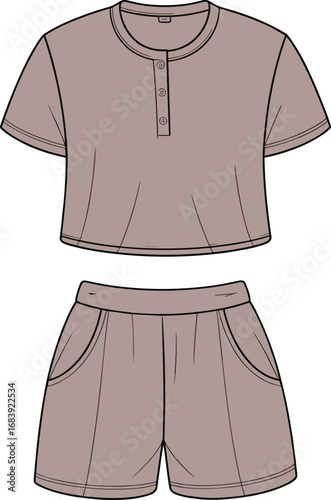 Casual crop top and shorts vector illustration, summer leisurewear set with button placket, comfortable relaxed fit, stylish everyday outfit design