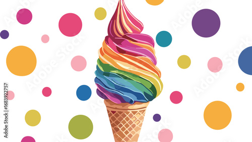 Colorful rainbow ice cream cone vector illustration, vibrant soft serve swirl with multicolor dots background, summer dessert, sweet treat, fun and festive design