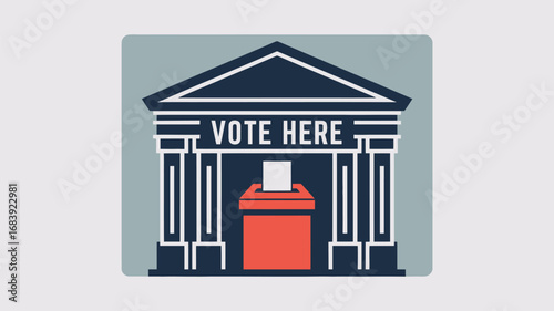 Vote here building illustration with ballot box for election and government concept