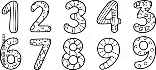 Hand-drawn playful numbers 1 to 9 vector illustration, creative doodle style, fun patterned digits, educational and decorative typography design for kids