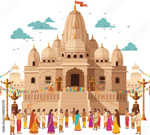 A Vibrant Graphic Depiction of a Grand Hindu Temple with Devotees Celebrating, a Cultural Symbol for Indian Festivals and Religious Occasions.