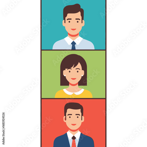 Three cartoon portraits of people in squares with different colored backgrounds.