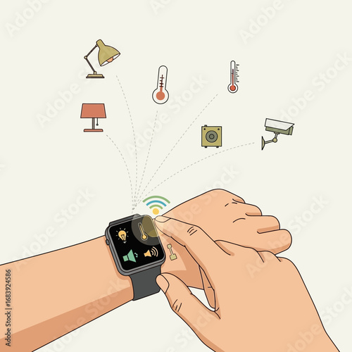 Hands wearing a smartwatch controlling smart home devices via wireless technology.
