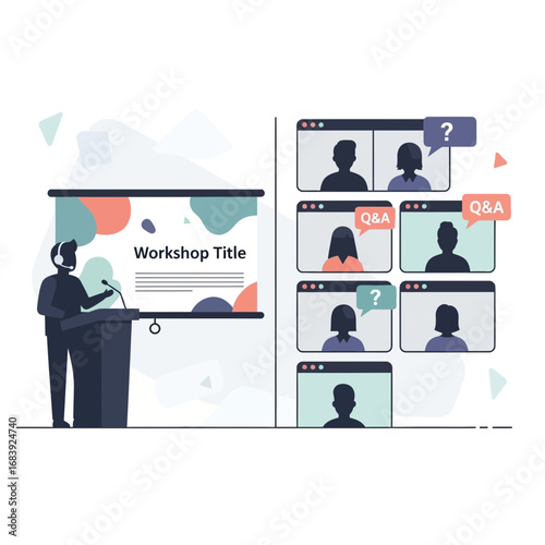 Presenter at podium with virtual meeting participants on screen.