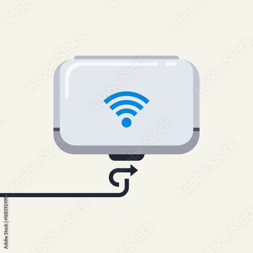 White wireless router with blue wifi symbol and connected cable.