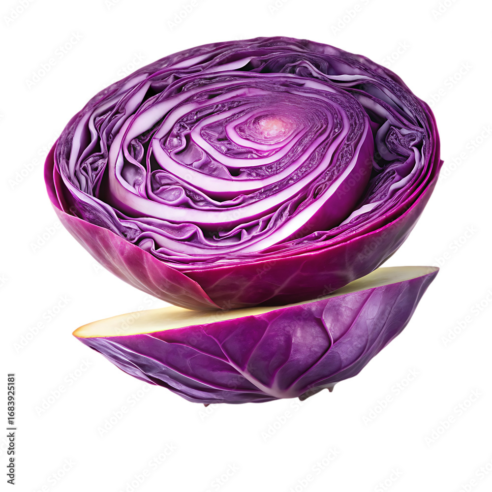 Obraz premium A halved purple cabbage revealing layered leaves and vibrant color patterns isolated on a transparent background