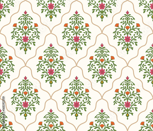 Hand drawn Mughal floral pattern. Ornamental botanical flower pattern. Traditional mughal flower pattern. 