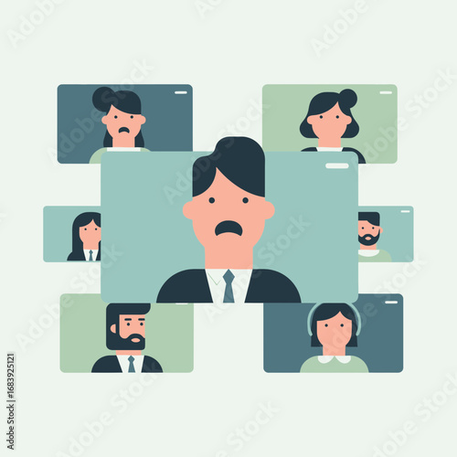 Man distressed in a video conference surrounded by other participants.