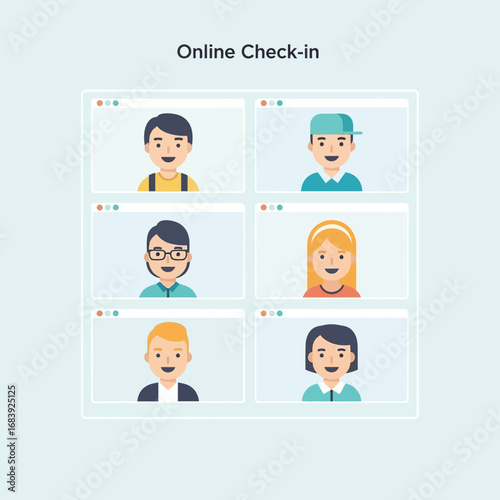 Six diverse cartoon avatars displayed on a digital screen.