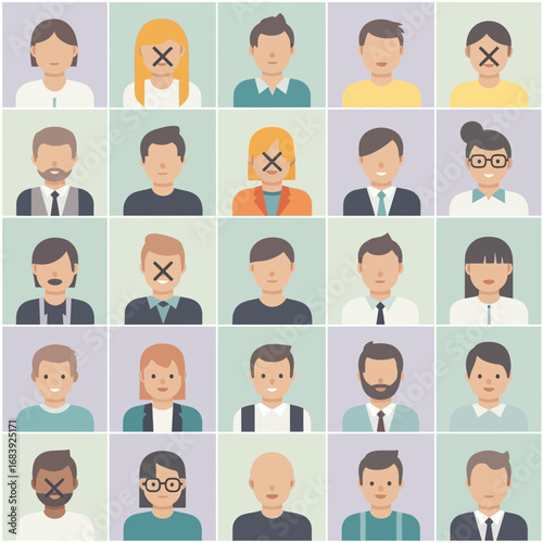 Grid of diverse stylized human avatars with varied expressions and features.