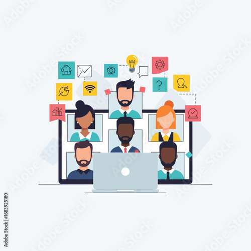 People in video conference on a screen with a laptop.