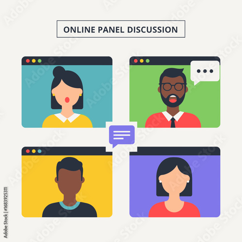 Four people in video windows discuss online.