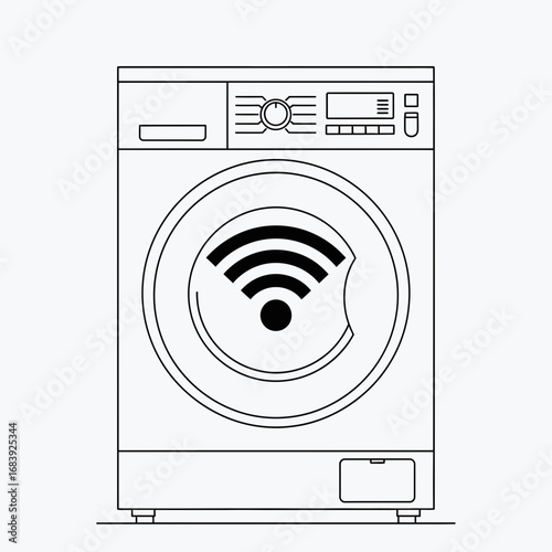 Line art of a front-loading washing machine with wifi symbol.