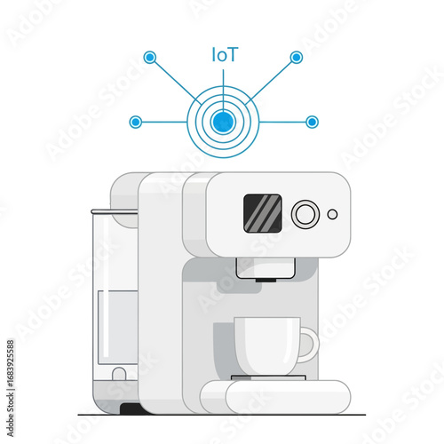 White coffee machine with an IoT network symbol above.