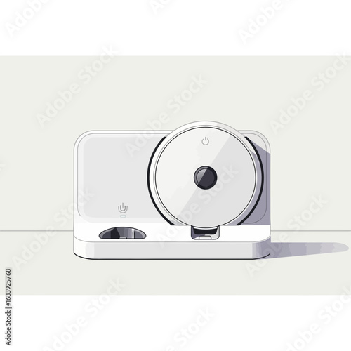 White modern appliance with a circular blade on a light background.