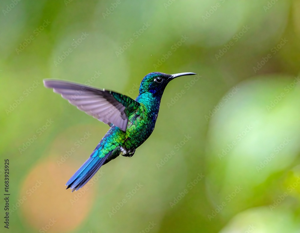 Fototapeta premium Vibrant hummingbird in flight against a bokeh background of greenery