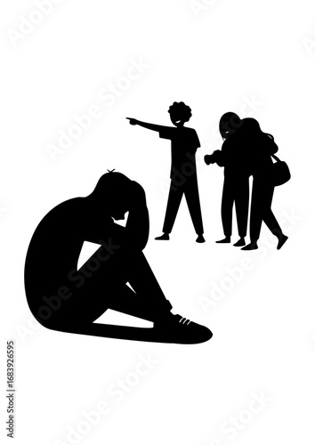 Silhouette of Bullying Scene with Sad Person and Aggressors