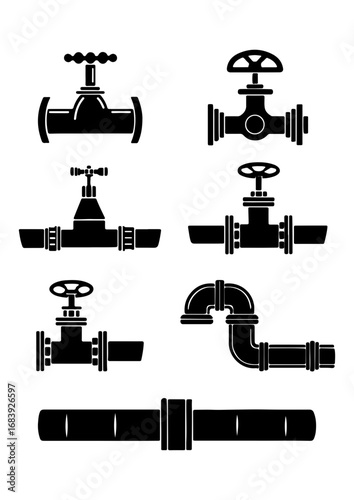 Silhouette Set of Water Valves and Pipeline Components