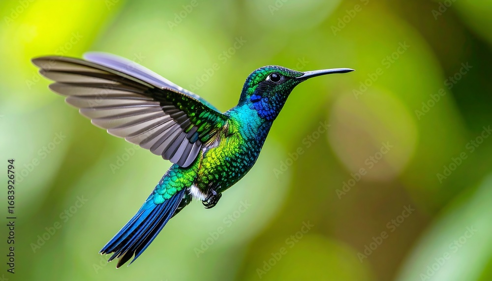 Fototapeta premium Vibrant hummingbird in flight against a bokeh background