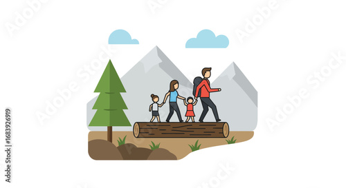 Joyful Family Hiking Adventure Symbolizing Togetherness and Overcoming Challenges in Nature