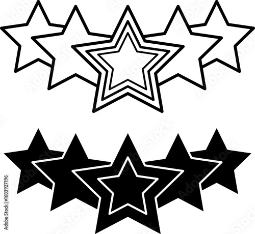 Star Icons. Black and White Vector Illustration. Five Stars, Competition Rating, Top Score. Reward Concept