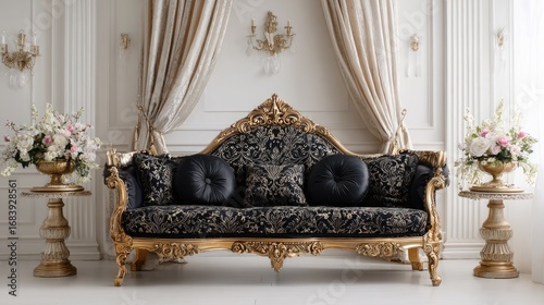 Ornate sofa with floral accents and drapes