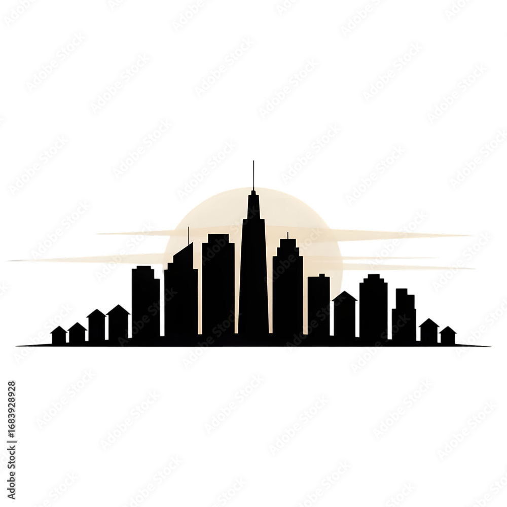 Fototapeta premium Minimalist black silhouette illustration of a modern city skyline against a sun, a vector graphic for urban and corporate design concepts