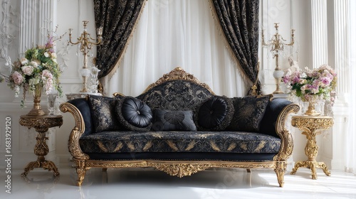 Luxury living room with ornate sofa and floral arrangements