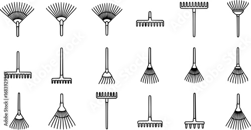 set of rake outline icon vector
