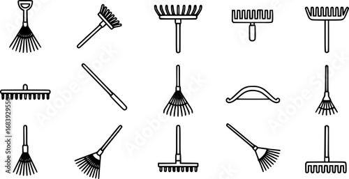 set of rake outline icon vector
