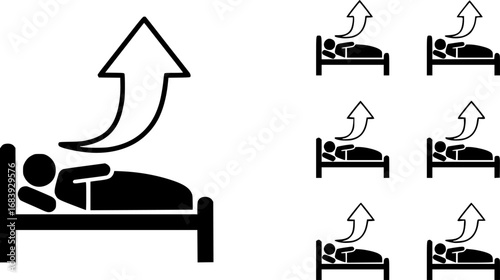 set of person recovering in bed with improvement arrow outline icon vector
