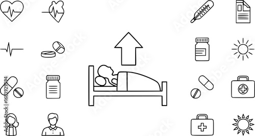 set of person recovering in bed with improvement arrow outline icon vector
