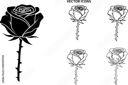 set of rose with thorns outline icon vector
