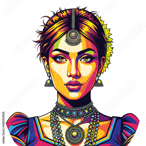A bold and colorful pop art portrait of an elegant Indian woman, a dynamic illustration of traditional beauty