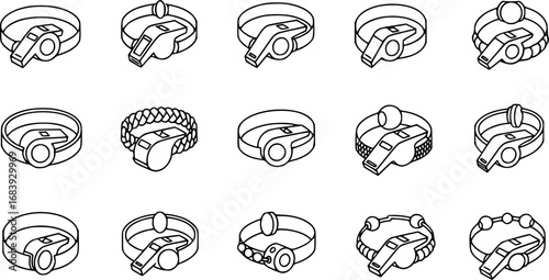 set of safety whistle bracelet outline icon vector
