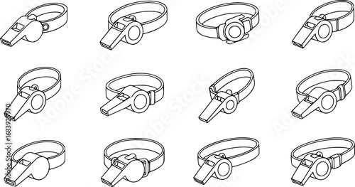 set of safety whistle bracelet outline icon vector
