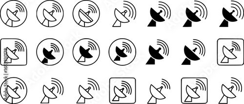 set of satellite dish with signal waves outline icon vector
