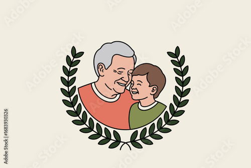 Grandfather and grandson share a loving moment framed by a laurel wreath design