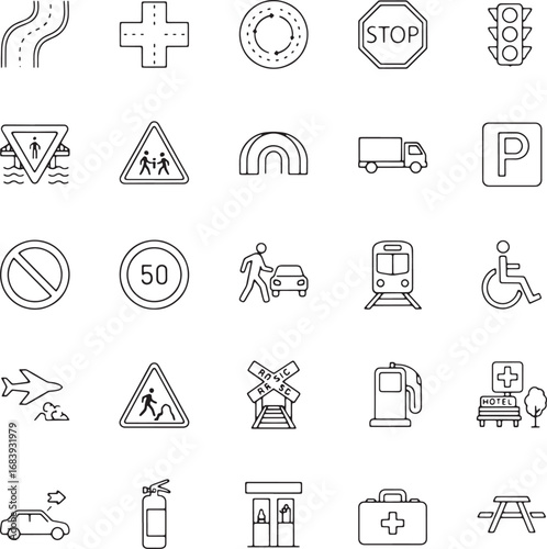 Traffic and road sign icons isolated on white background