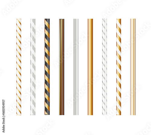 Realistic reusable glass, steel, paper drinking straws as alternative replacement for classic disposable plastic drinking straw, isolated objects on white background. Vector