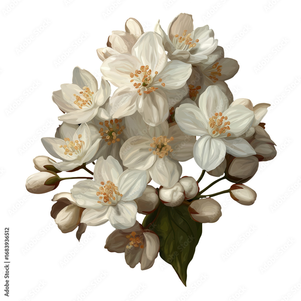 Fototapeta premium White jasmine flower cluster with small delicate blooms and soft petals, creating serene and elegant floral arrangement full of natural beauty and gentle charm
