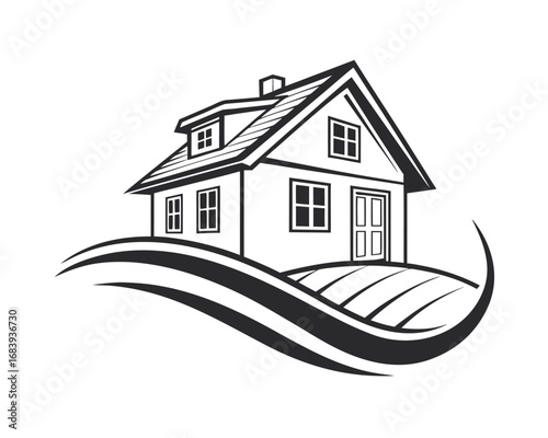 Monochrome House Illustration with Curvy Hill Design Depicting Real Estate and Home Ownership Opportunities with a Peaceful Feel