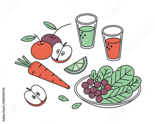 Healthy Food Still Life with Fresh Fruits and Vegetables and Two Glasses of Juice Vector Illustration for Wellness and Nutrition